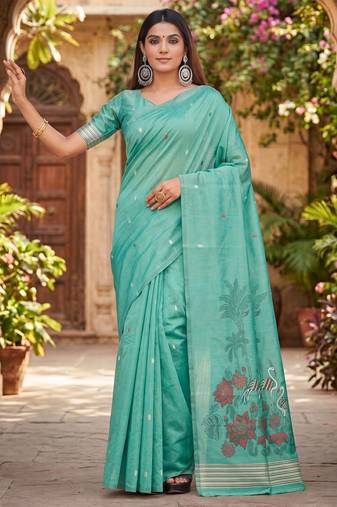 SEA GREEN LINEN JACUARD WORK SAREE WITH UNSTITCHED BLOUSE PIECE