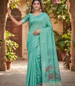 SEA GREEN LINEN JACUARD WORK SAREE WITH UNSTITCHED BLOUSE PIECE