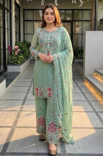Sea-green silk blend embroidered palazzo set