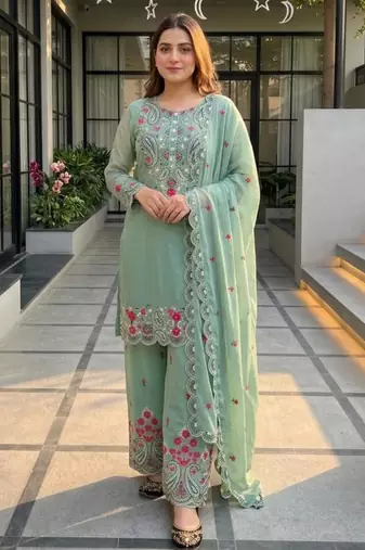 Sea-green silk blend embroidered palazzo set