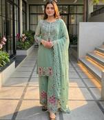 Sea-green silk blend embroidered palazzo set