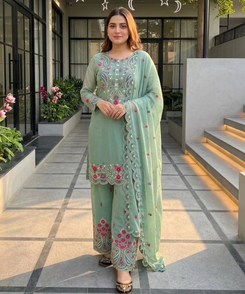 Sea-green silk blend embroidered palazzo set