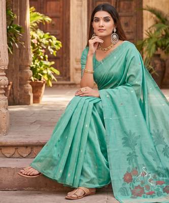 SEA GREEN LINEN JACUARD WORK SAREE WITH UNSTITCHED BLOUSE PIECE 2