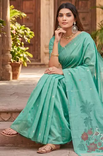 SEA GREEN LINEN JACUARD WORK SAREE WITH UNSTITCHED BLOUSE PIECE