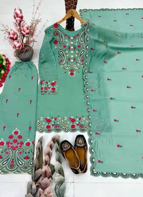Sea-green silk blend embroidered palazzo set 3