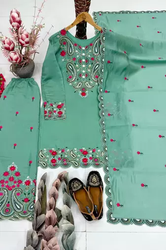 Sea-green silk blend embroidered palazzo set