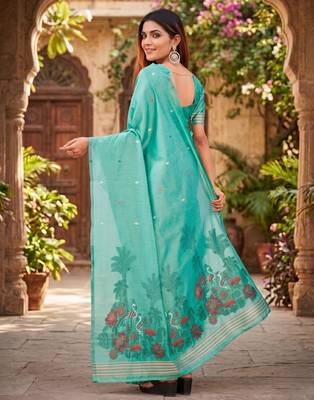 SEA GREEN LINEN JACUARD WORK SAREE WITH UNSTITCHED BLOUSE PIECE 3