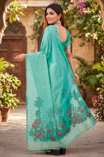 SEA GREEN LINEN JACUARD WORK SAREE WITH UNSTITCHED BLOUSE PIECE
