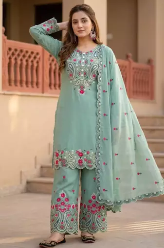 Sea-green silk blend embroidered palazzo set