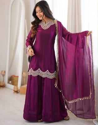 Purple silk blend embroidered palazzo set 1