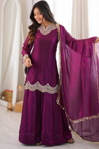 Purple silk blend embroidered palazzo set