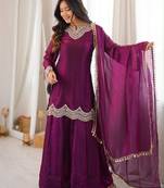 Purple silk blend embroidered palazzo set