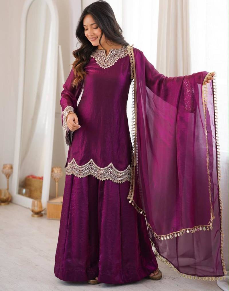Purple silk blend embroidered palazzo set