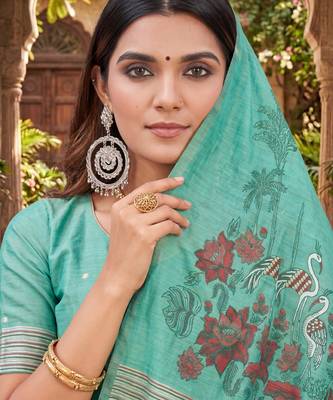 SEA GREEN LINEN JACUARD WORK SAREE WITH UNSTITCHED BLOUSE PIECE 4