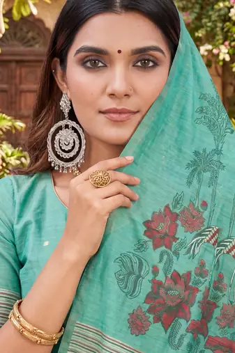 SEA GREEN LINEN JACUARD WORK SAREE WITH UNSTITCHED BLOUSE PIECE