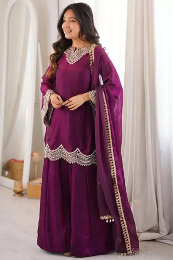 Purple silk blend embroidered palazzo set