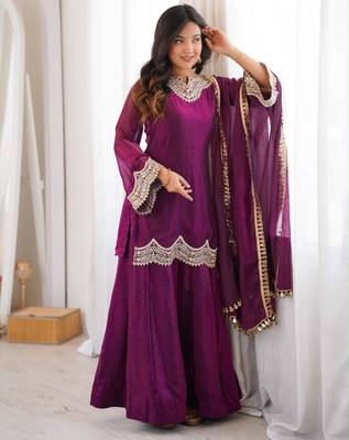 Purple silk blend embroidered palazzo set 3