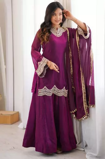 Purple silk blend embroidered palazzo set