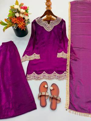 Purple silk blend embroidered palazzo set 4