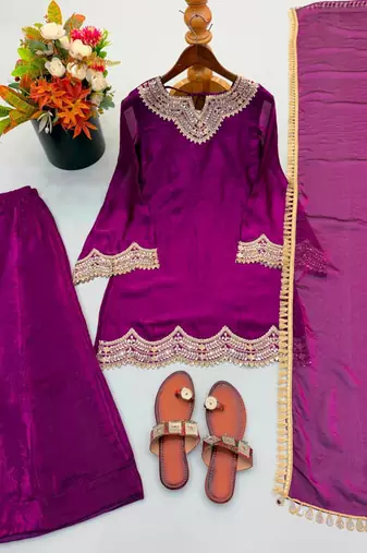 Purple silk blend embroidered palazzo set