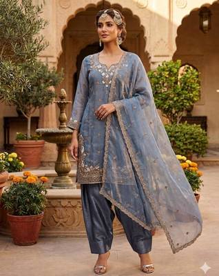 Grey silk blend embroidered farshi salwar set 1