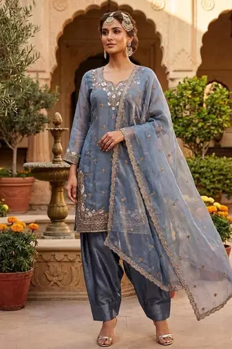 Grey silk blend embroidered farshi salwar set