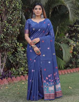 BLUE LINEN JACUARD WORK SAREE WITH UNSTITCHED BLOUSE PIECE 1