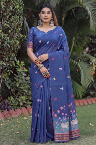 BLUE LINEN JACUARD WORK SAREE WITH UNSTITCHED BLOUSE PIECE