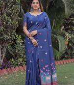 BLUE LINEN JACUARD WORK SAREE WITH UNSTITCHED BLOUSE PIECE
