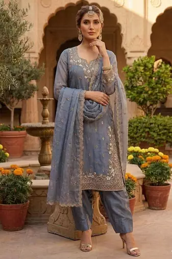 Grey silk blend embroidered farshi salwar set