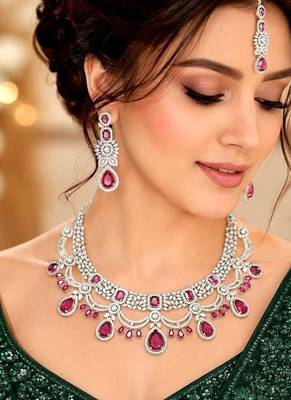 ruby red bridal jewellery set, silver-plated choker, drop earrings, maang tikka, bollywood statement necklace 1