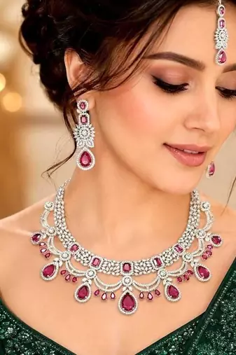 ruby red bridal jewellery set, silver-plated choker, drop earrings, maang tikka, bollywood statement necklace