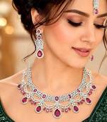 ruby red bridal jewellery set, silver-plated choker, drop earrings, maang tikka, bollywood statement necklace