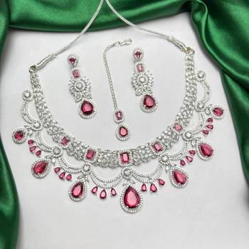 ruby red bridal jewellery set, silver-plated choker, drop earrings, maang tikka, bollywood statement necklace 2