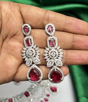 ruby red bridal jewellery set, silver-plated choker, drop earrings, maang tikka, bollywood statement necklace 3