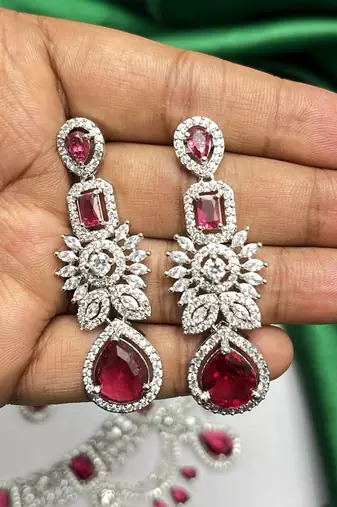 ruby red bridal jewellery set, silver-plated choker, drop earrings, maang tikka, bollywood statement necklace