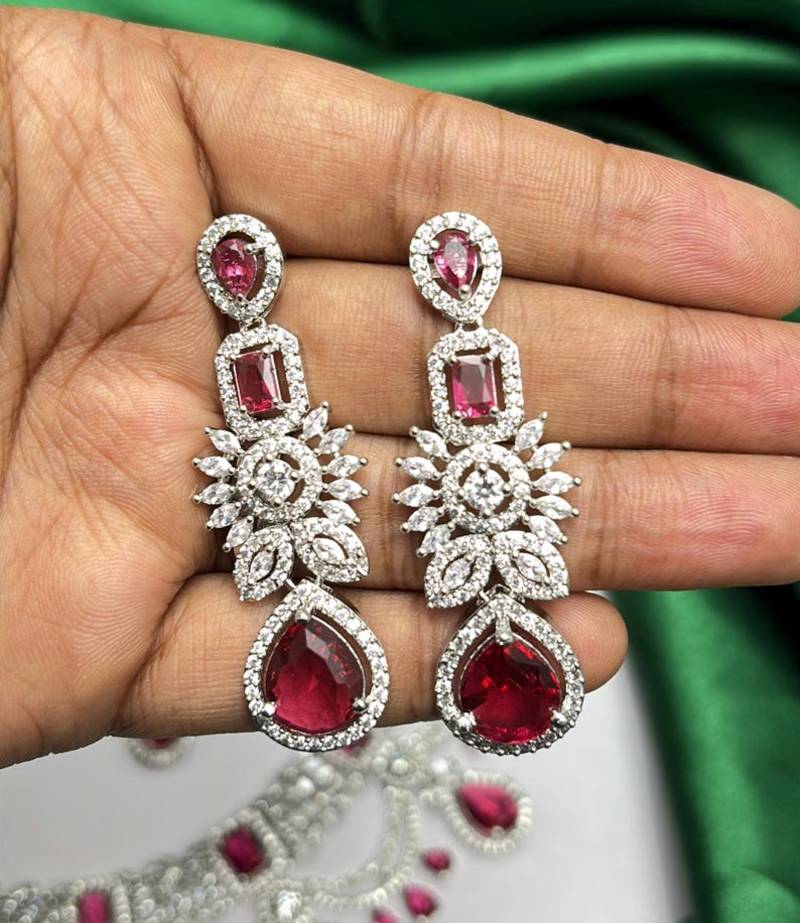ruby red bridal jewellery set, silver-plated choker, drop earrings, maang tikka, bollywood statement necklace