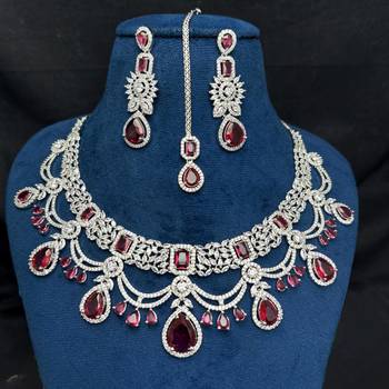 ruby red bridal jewellery set, silver-plated choker, drop earrings, maang tikka, bollywood statement necklace 4