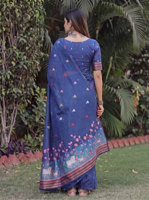 BLUE LINEN JACUARD WORK SAREE WITH UNSTITCHED BLOUSE PIECE 2