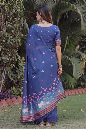 BLUE LINEN JACUARD WORK SAREE WITH UNSTITCHED BLOUSE PIECE