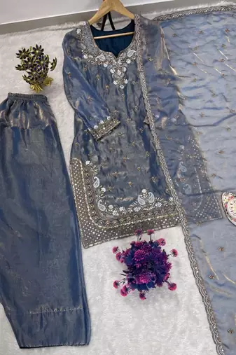 Grey silk blend embroidered farshi salwar set