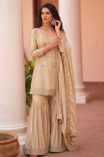 Beige satin embroidered sharara set