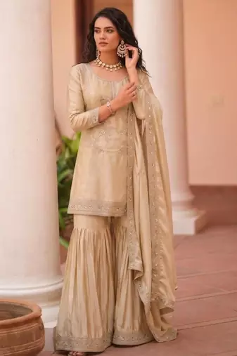 Beige satin embroidered sharara set