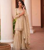 Beige satin embroidered sharara set