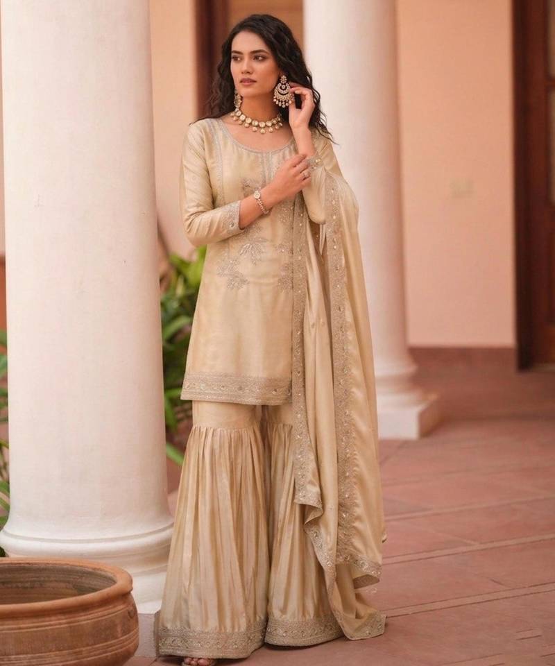 Beige satin embroidered sharara set
