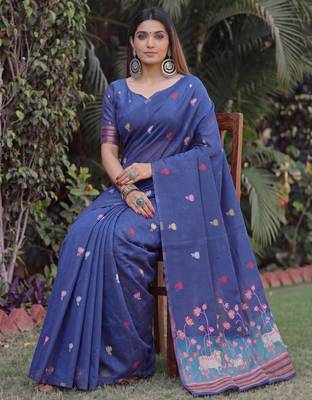 BLUE LINEN JACUARD WORK SAREE WITH UNSTITCHED BLOUSE PIECE 3