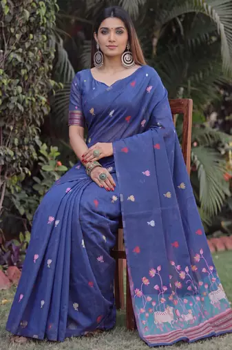 BLUE LINEN JACUARD WORK SAREE WITH UNSTITCHED BLOUSE PIECE