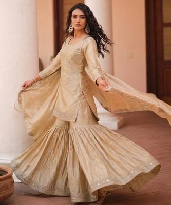 Beige satin embroidered sharara set 2
