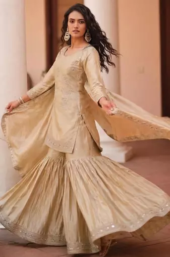 Beige satin embroidered sharara set