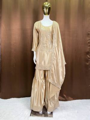 Beige satin embroidered sharara set 3